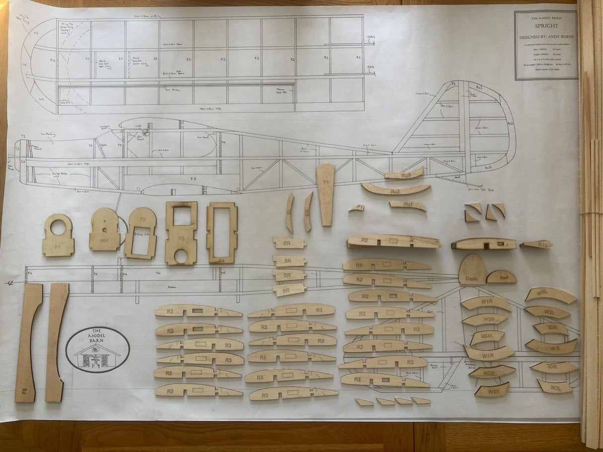 The Model Barn Spright Kit. A balsa and ply vintage style Bi-Plane wing model kit