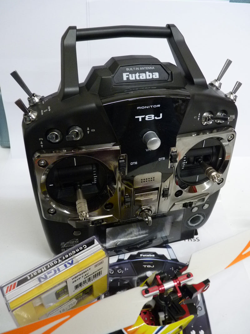 Align T-Rex 150 Helicopter and 2 batteries with Futaba 8J 2.4ghz Tx battery and Chargers - SECOND HAND