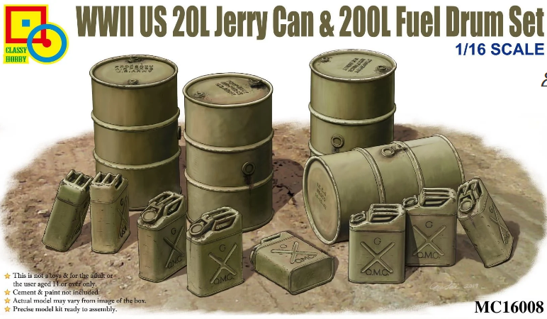 Classy Hobby 1/16 WWII US 20L Jerry Can & 200L Fuel Drum Set # 16008