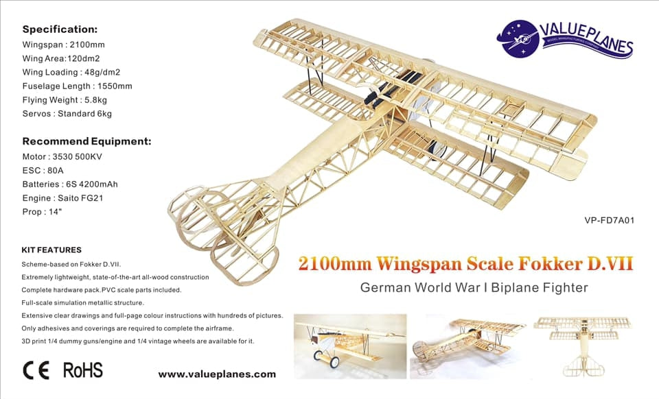 Valueplanes Fokker DVII WW1 Fighter Balsa Kit 83inch - 2.1M