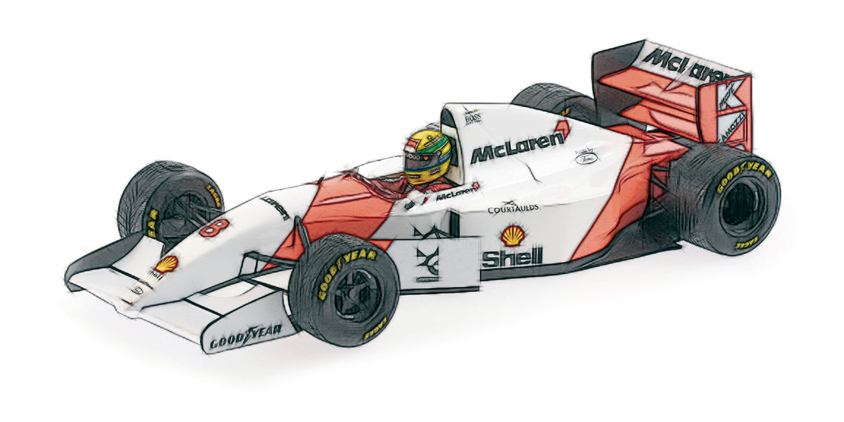 Minichamps Die Cast Collectables - 1:43 McLaren Ford MP4/8 Ayrton Senna 1st European 1993 With Flag Dirty Version