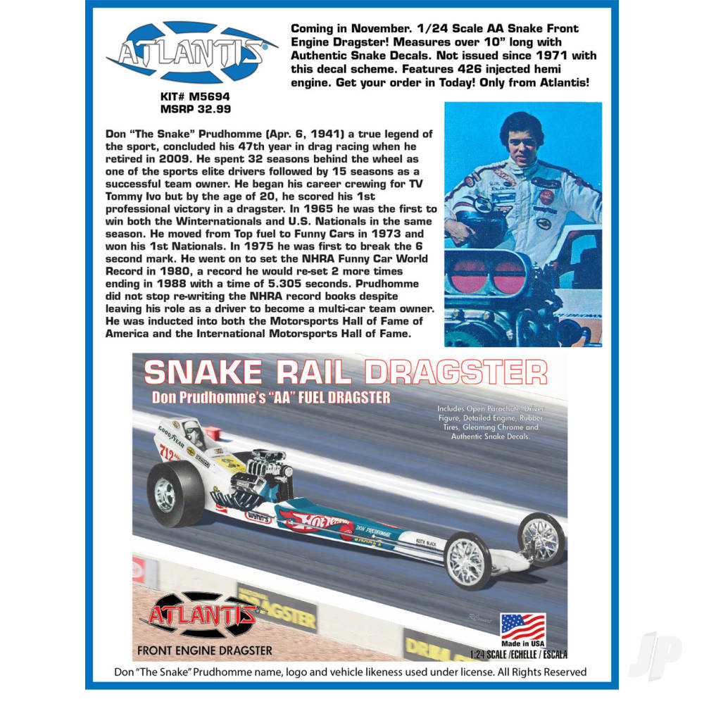 Atlantis 1/24 Don the Snake Prudhomme Front Engine Dragster Kit AMCM5694