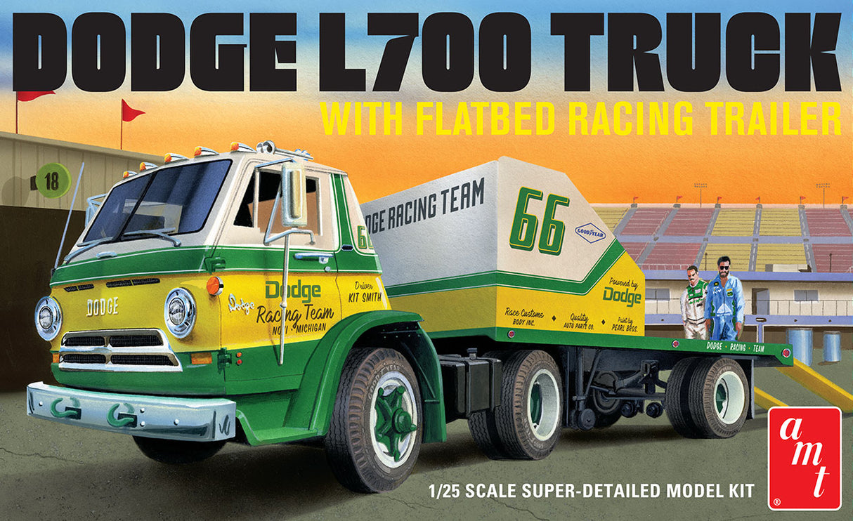 AMT Model Kits - 1:25 1966 Dodge L700 Truck With Flatbed Racing Trailer Kit