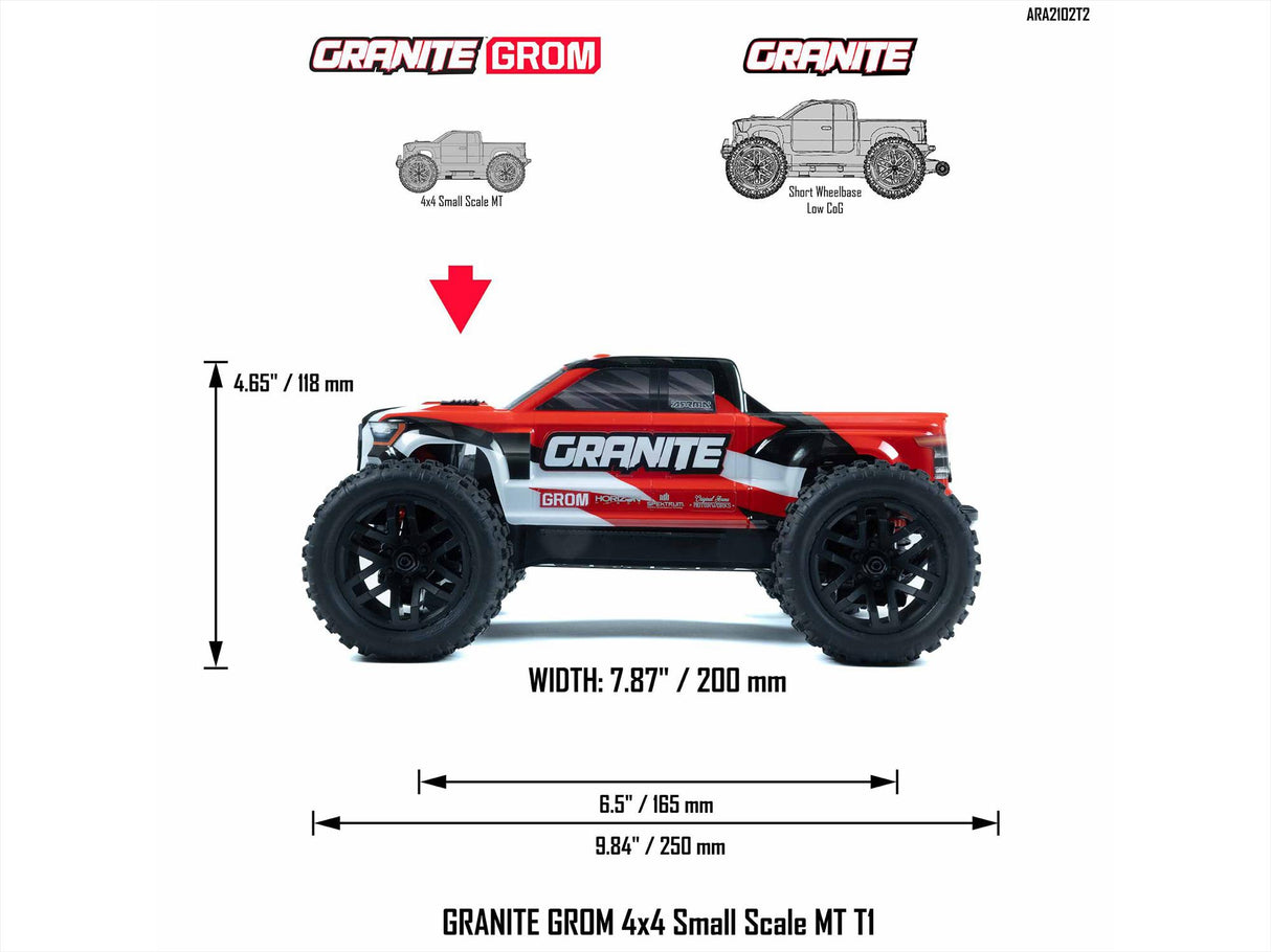 Arrma Granite GROM 4wd MT 1/18 RTR Mega with Lipo Batt/USB Charger - Red