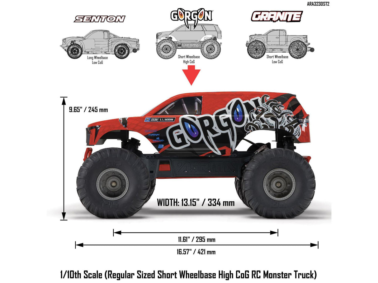 Arrma Gorgon 2wd MT 1/10 RTR Smart w/8.4v Batt/USB Charger Red ARA3230ST2