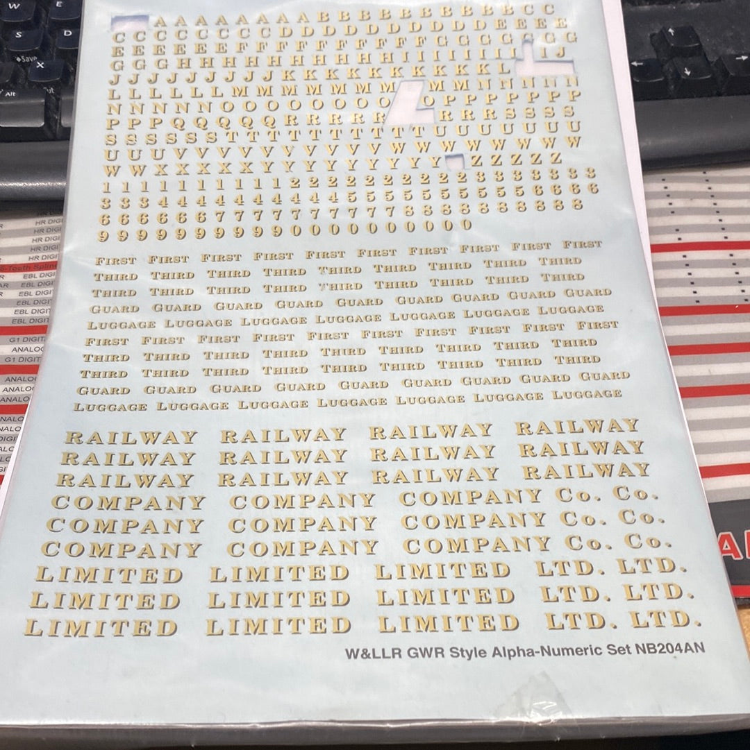 Gold/Yellow W&LLR GWR Style Alpha/Numeric Decals