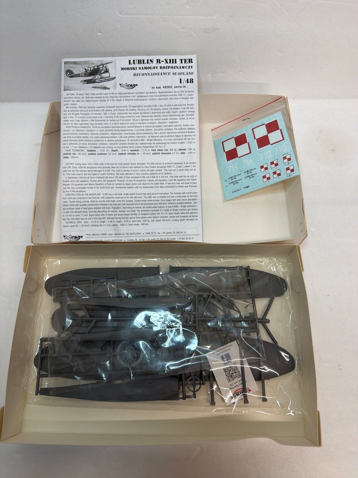 Mirage Hobby 485003 Lublin R.XIII Ter/Hydro Reconnaissance Seaplane — 1:48 Plastic model aircraft kit