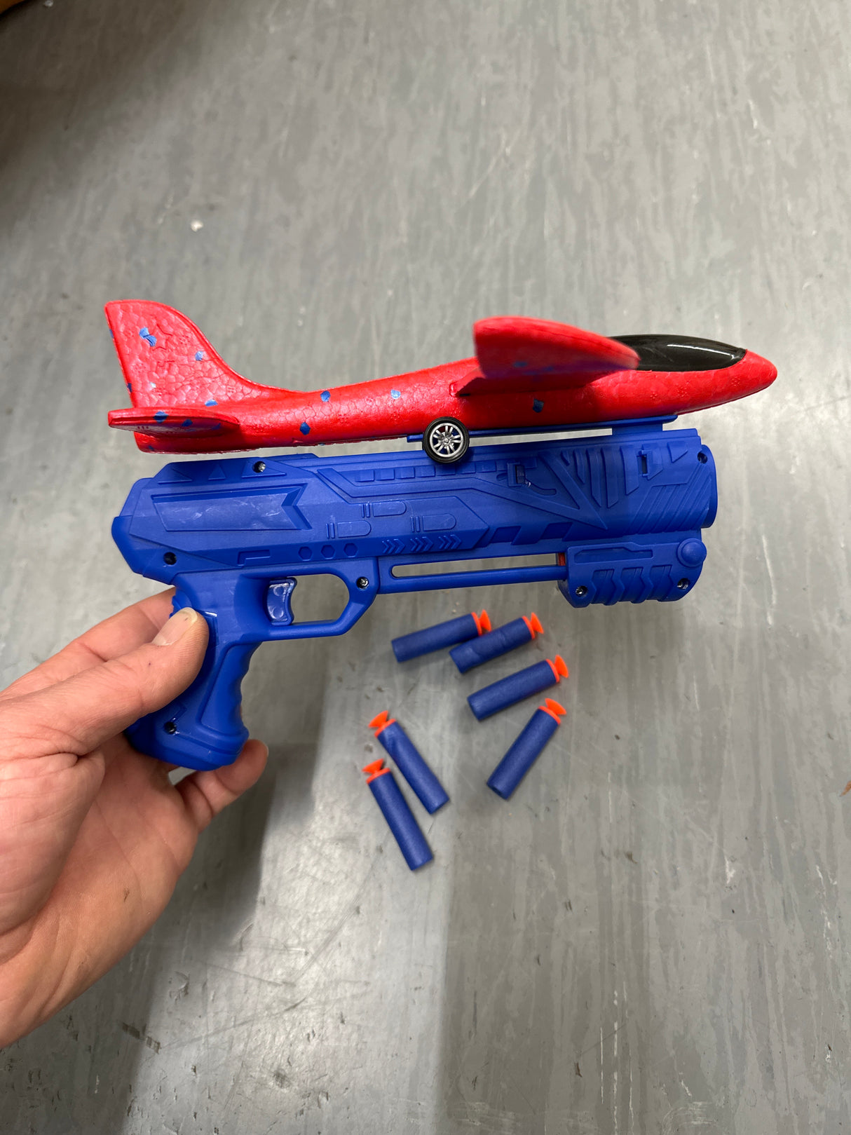 Airplane Gun Launcher Toy with Foam Red Catapult Glider also fires foam darts included