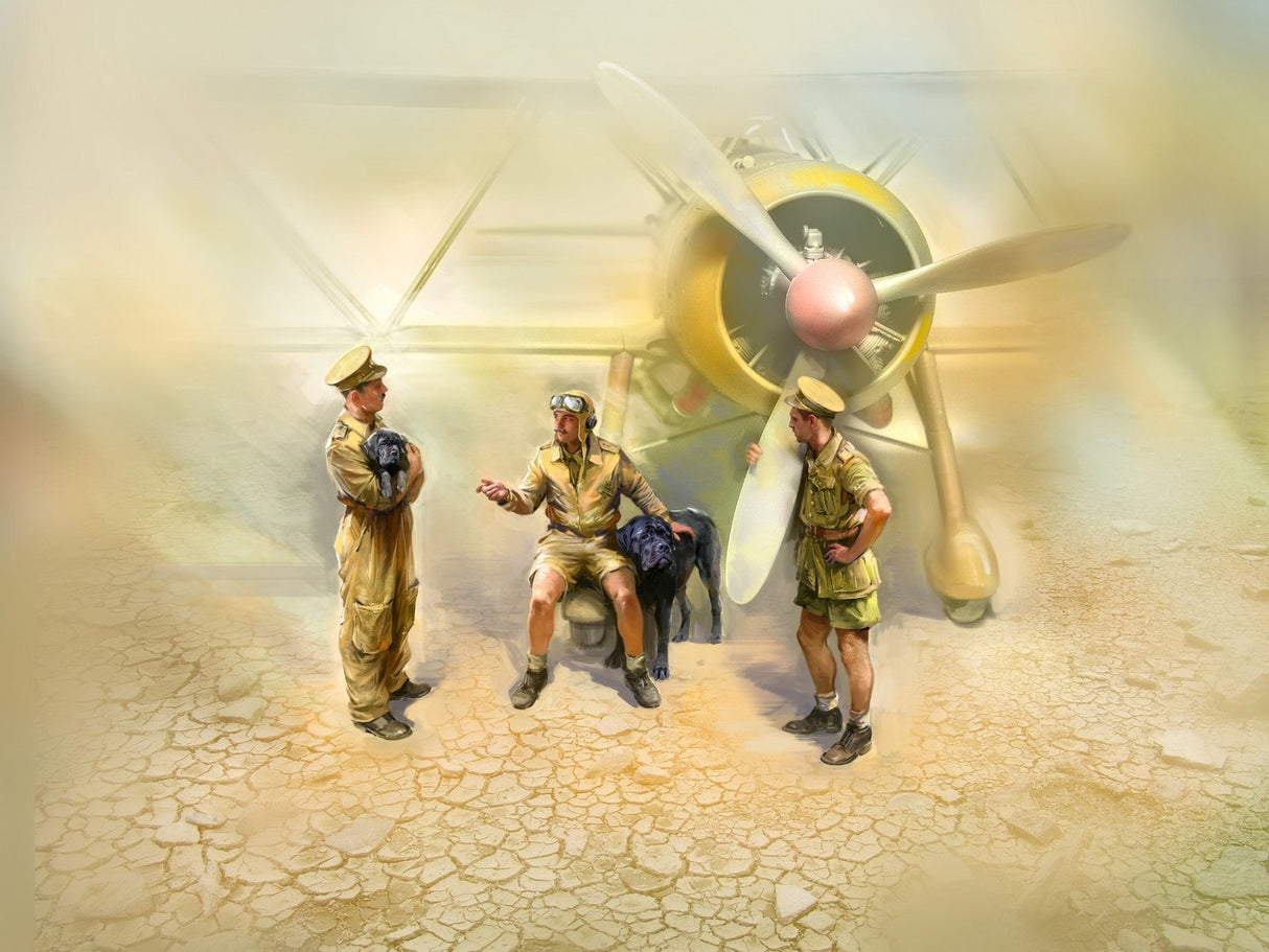 Italian Pilots In Tropical Uniform (1939-1943) 3 Figures & 2 Dogs
