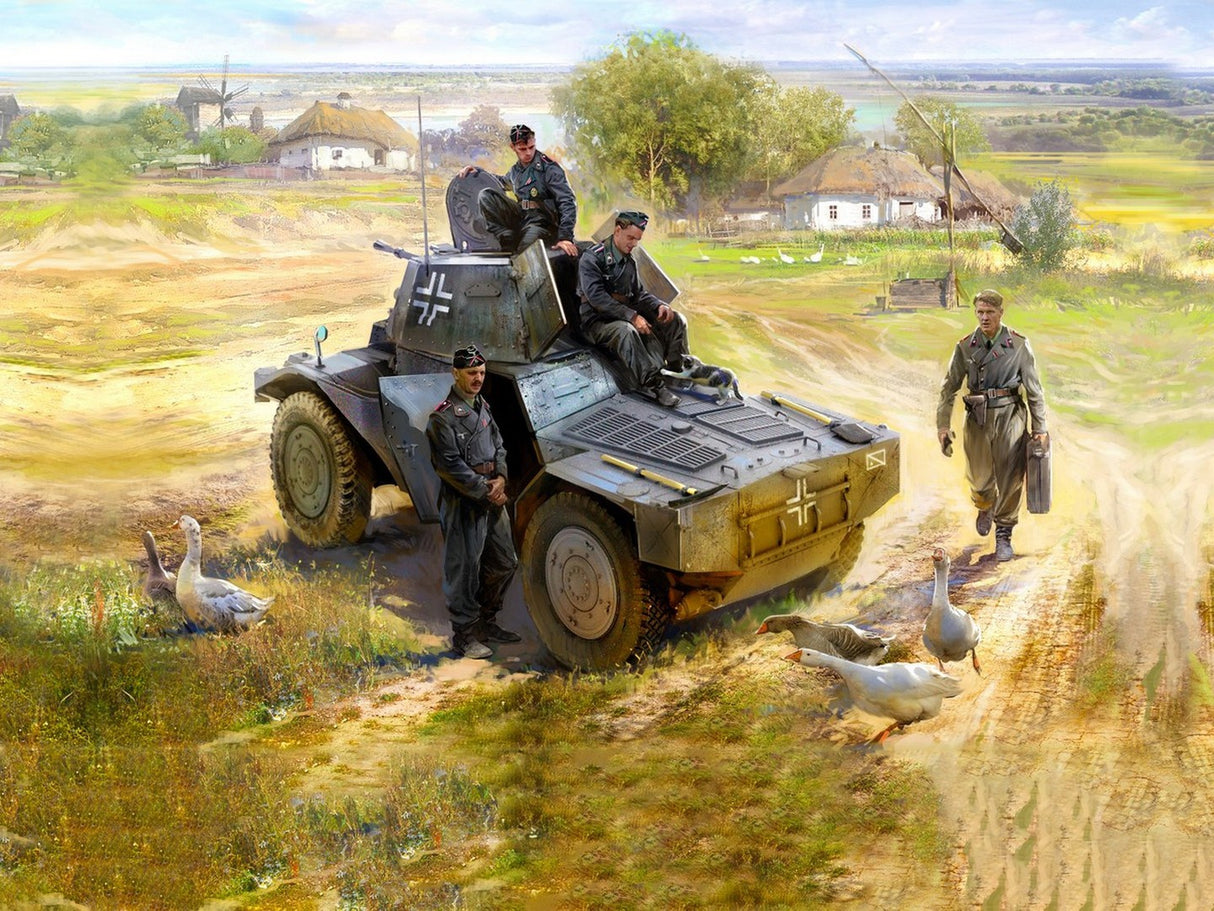 Panzerspähwagen P 204 (f) German Armoured Vehicle with 4 Crew Figures & Cat