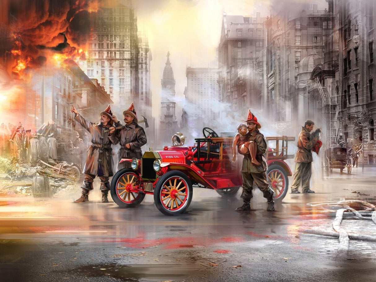 Model T 1914 Fire Truck with 4 Crew Figures Boy & Cat