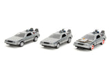 Jada Die Cast Collectables - 1:32 Back to the Future DeLorean 3 Car Collectors Set
