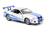 Jada Die Cast Collectables - 1:32 Fast and Furious Brians Nissan Skyline GT-R (R34) - Silver/Blue