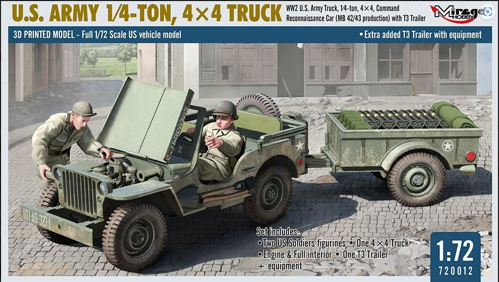Mirage Hobby 1/72 US Army 1/4 Ton - 4x4 Truck kit with Trailer 720012