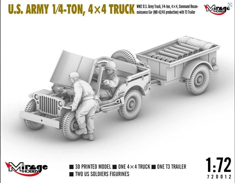 Mirage Hobby 1/72 US Army 1/4 Ton - 4x4 Truck kit with Trailer 720012