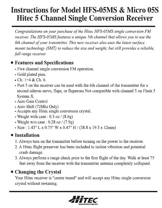 HITEC HFS-05MS 5 CHANNEL R/C RADIO CONTROL RX RECEIVER 35MHZ - SECOND HAND