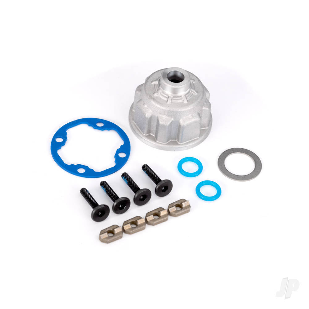 Carrier differential (aluminium)/ o-ring gaskets (2)/ ring gear gasket/ spacers (4)/ 12.2x18x0.5 MW/ 3x15mm flat-head machine screws (with threadlock) (4)