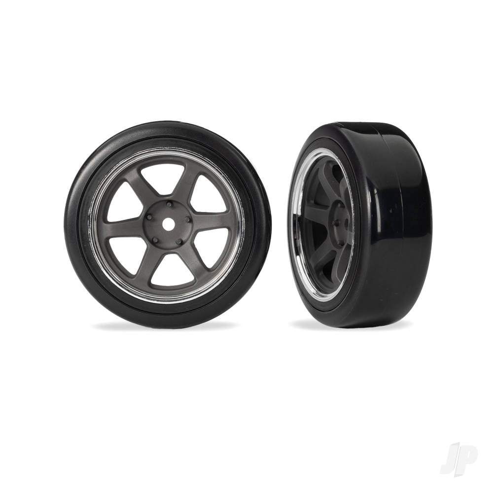 Tyres & wheels assembled (six spoke graphite gray wheels w/chrome rim 1.9 Drift tyres (2 dots soft smooth surfaces)) (front) (2)