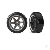 Tyres & wheels assembled (six spoke graphite gray wheels w/chrome rim 1.9 Drift tyres (2 dots soft smooth surfaces)) (front) (2)