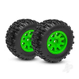 TraxxaS Tyres & Wheels Assembled (Green wheels dual profile (2.1 outer 2.6 inner) Sledgehammer tyres foam inserts)) (rear) (2)