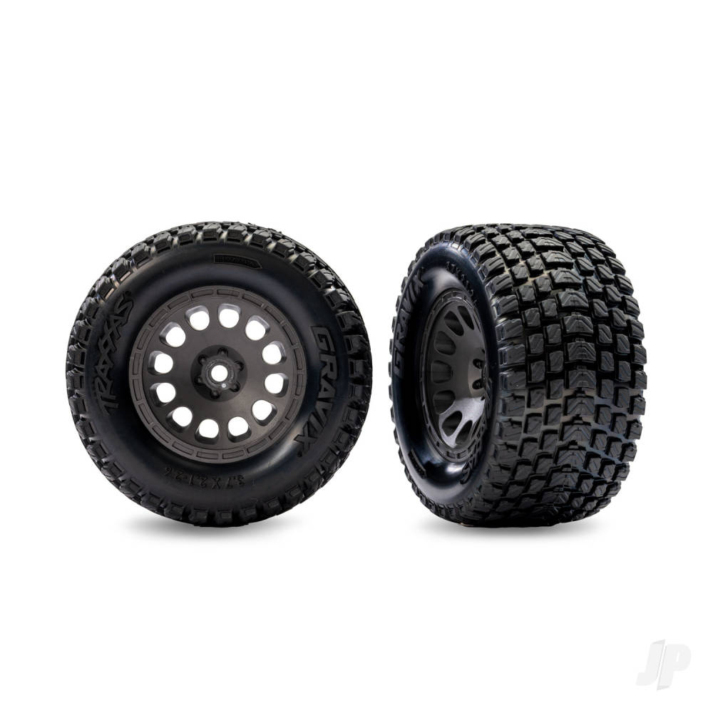 Traxxas Tyres & wheels assembled (charcoal grey wheels dual profile (2.1 outer 2.6 inner) Gravix tyres foam inserts) (front) (left & right)