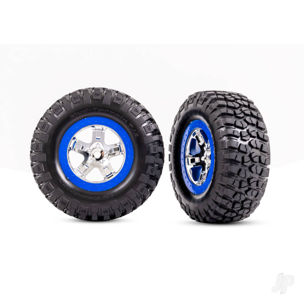 Tyres & wheels assembled glued (SCT chrome blue beadlock style wheels BFGoodrich Mud-Terrain T/A KM2 Tyres foam inserts) (2) (4WD front/rear 2WD rear only)