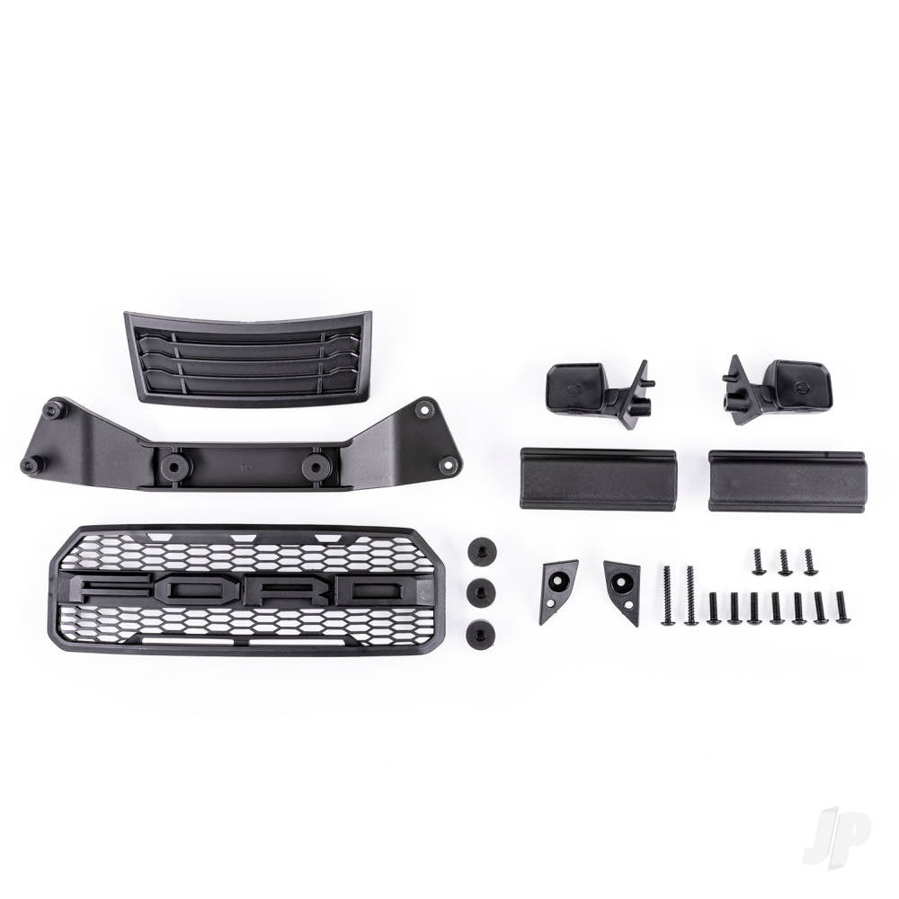 Grille/ grille mount/ mirrors side (left & right)/ mirror mounts (left & right)/ body mount adapter/ rear latch retainers (2)/ 2.6x8mm BCS (self-tapping) (3)/ 2.6x20mm BCS (self-tapping) (2)/ 3x10mm BCS (8) (fits #5916 body)