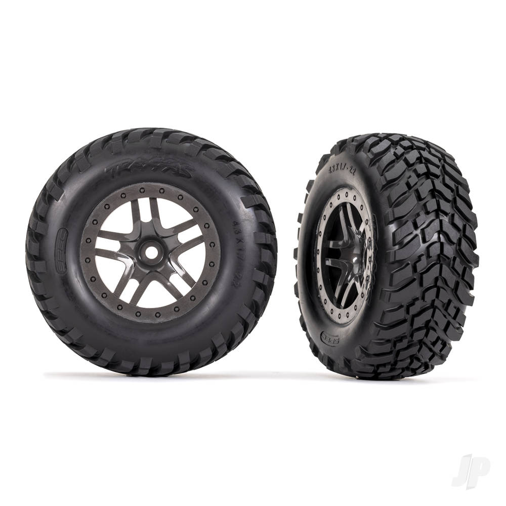 Tyres & wheels assembled glued (SCT Split-Spoke gray beadlock style wheels SCT off-road racing Tyres foam inserts) (2) (4WD f/r 2WD rear) (TSM rated)