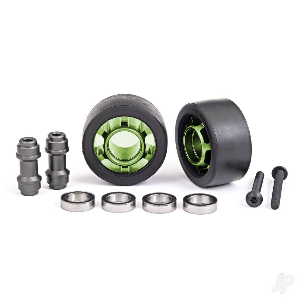 Wheels wheelie bar 6061-T6 aluminium (green-anodised) (2)/ axle wheelie bar 6061-T6 aluminium (2)/ 10x15x4 ball bearings (4)