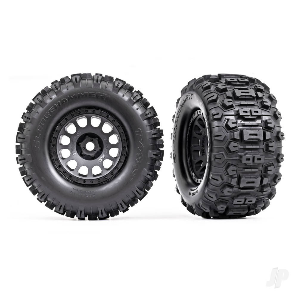 Tyres & wheels assembled glued (XRT Race black wheels Sledgehammer Tyres foam inserts) (left & right)