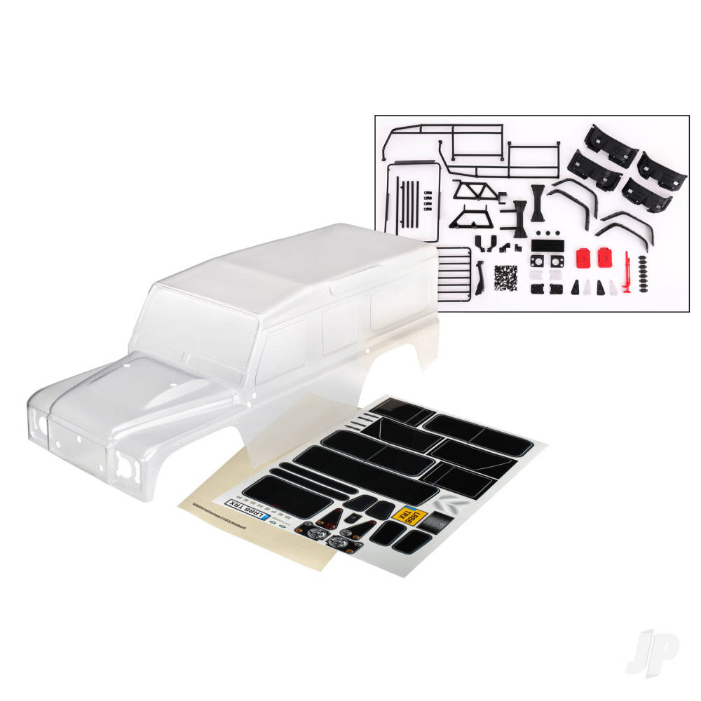 Body Land Rover Defender complete (clear trimmed requires painting) (includes grille side mirrors door handles windshield wipers ExoCage spare Tyre mount decals window masks)