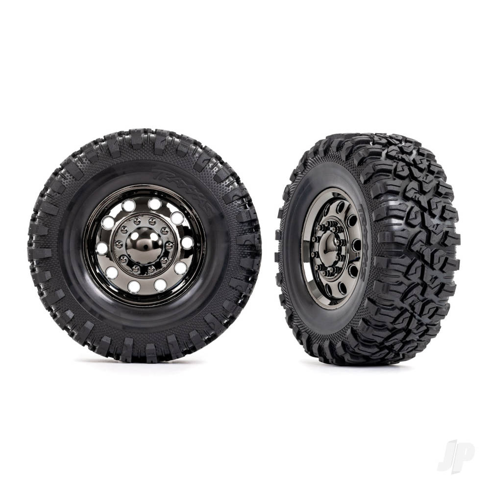 Tyres and wheels assembled glued (TRX-6 Big Rig 2.2in black chrome wheels Canyon RT 4.6x2.2in tyres foam inserts) (front) (2)/ centre caps (black chrome) (2)