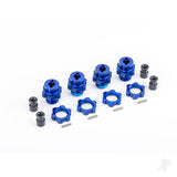 Wheel hubs splined 17mm short (Blue-anodised) (4)/ wheel nuts splined 17mm (Blue-anodised) (4)/ hub retainer M4 X 0.7 (4)/ axle pin (4) (for use with #9080 upgrade kit)