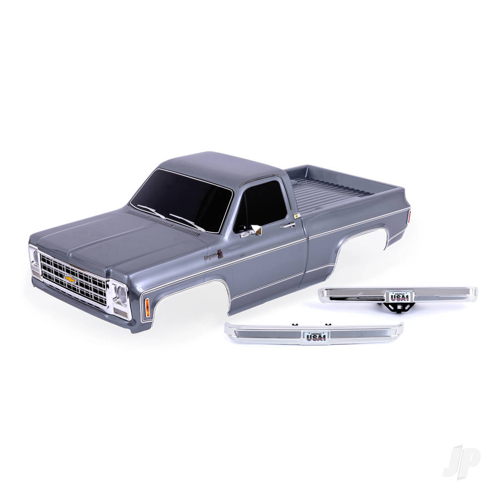 Body Chevrolet K10 Truck (1979) complete silver (painted decals applied) (includes grille side mirrors door handles windshield wipers front & rear bumpers clipless mounting) (requires #9288 inner fenders)