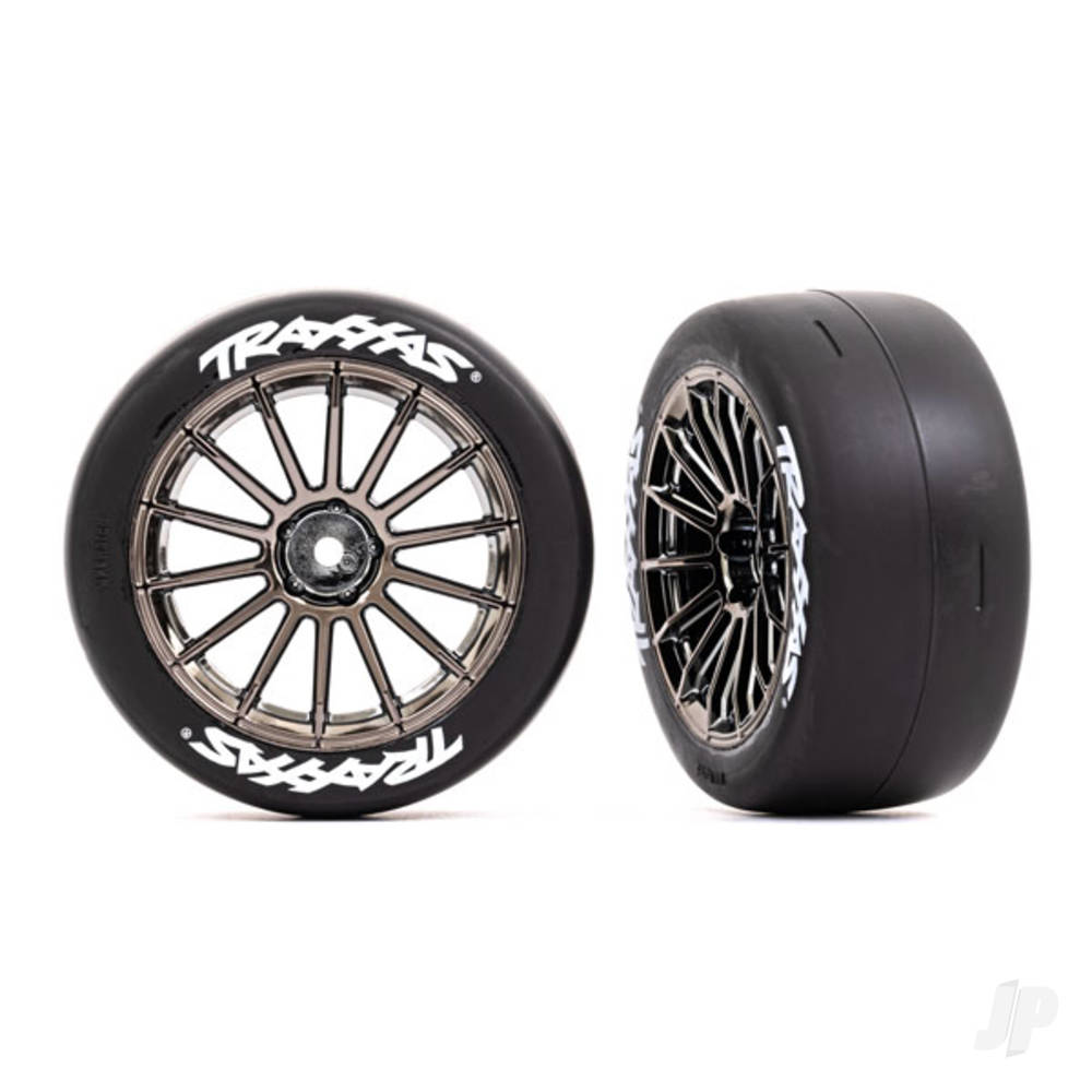 Tyres and wheels assembled glued (multi-spoke black chrome wheels 2.0in slick Tyres with Traxxas logo foam inserts) (front) (2) (VXL rated)