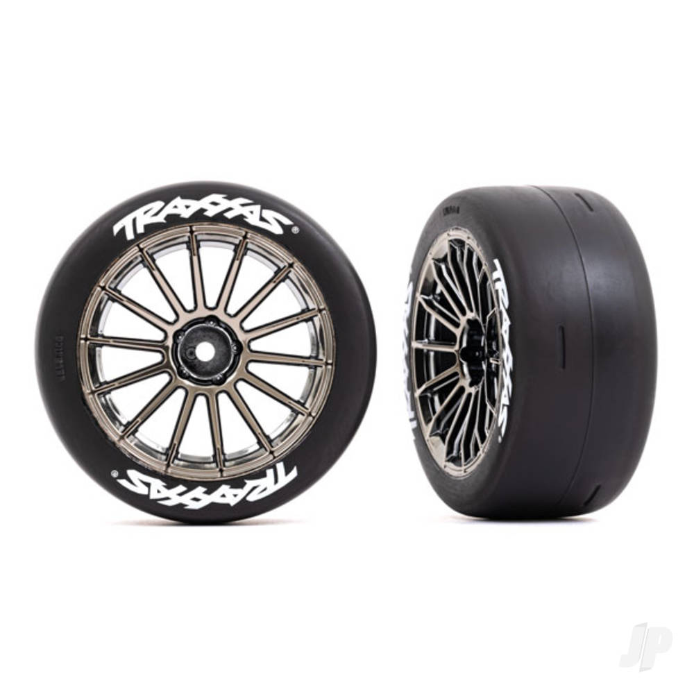 Tyres and wheels assembled glued (multi-spoke black chrome wheels 2.0in slick Tyres with Traxxas logo foam inserts) (rear) (2) (VXL rated)