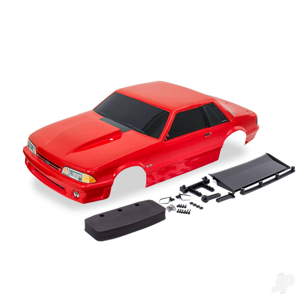 Body Ford Mustang Fox Body red (painted decals applied) (includes side mirrors wing wing retainer rear body mount posts foam body bumper & mounting hardware)