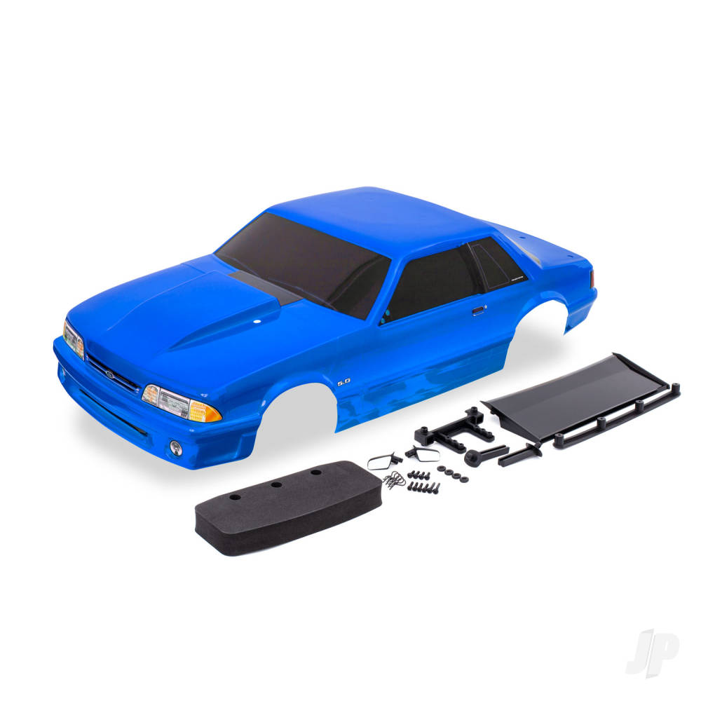 Body Ford Mustang Fox Body blue (includes side mirrors wing wing retainer rear body mount posts foam body bumper & mounting hardware)