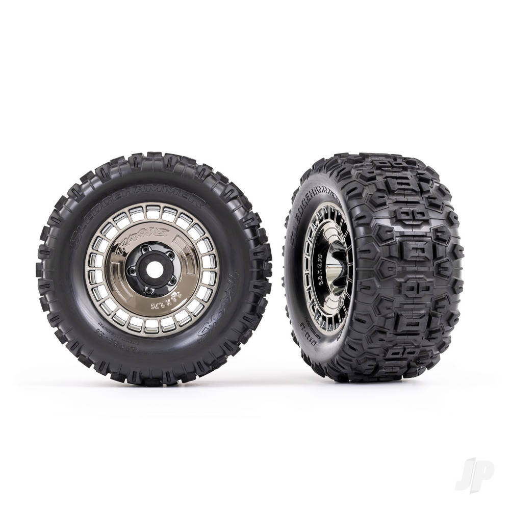 Tyres and wheels assembled glued (3.8in black chrome wheels black chrome wheel covers Sledgehammer tyres foam inserts) (2)