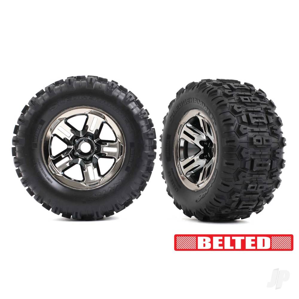 Tyres & wheels assembled glued (3.8in black chrome wheels belted Sledgehammer tyres foam inserts) (2)