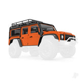 Body Land Rover Defender complete orange (includes grille side mirrors door handles fender flares fuel canisters jack spare Tyre mount & clipless mounting) (requires #9734 front & rear bumpers)