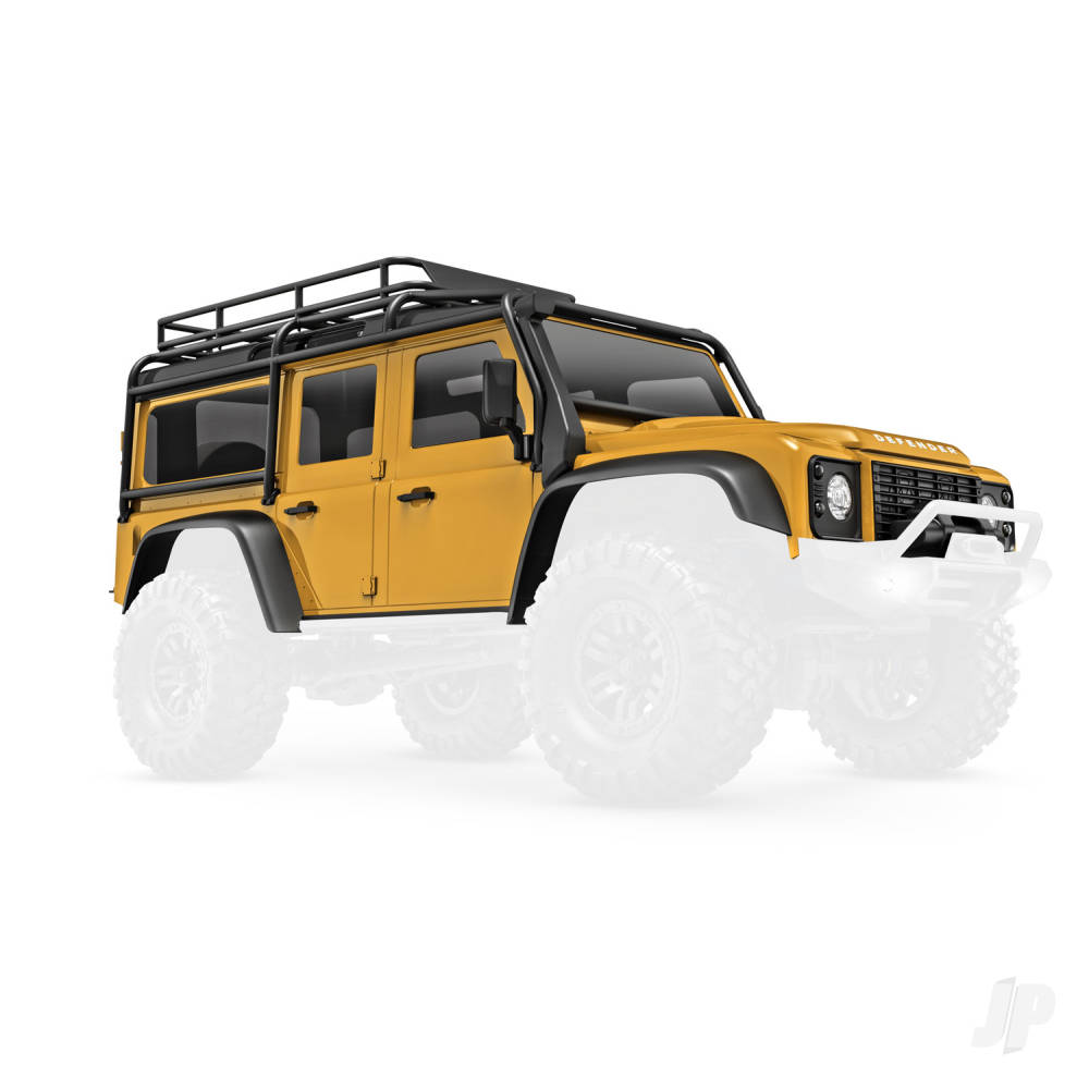 Body Land Rover Defender complete tan (includes grille side mirrors door handles fender flares fuel canisters jack spare Tyre mount & clipless mounting) (requires #9734 front & rear bumpers)