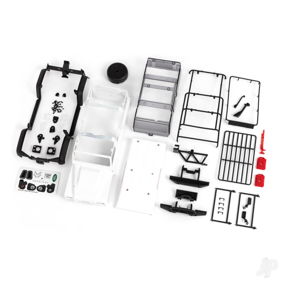 Body Land Rover Defender complete (white requires painting) (includes grille side mirrors door handles fender flares fuel canisters jack spare Tyre mount & clipless mounting)