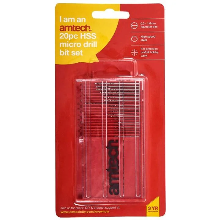 Amtech F0930 20 Piece high speed steel (HSS) micro drill bits (0.3mm - 1.6mm)