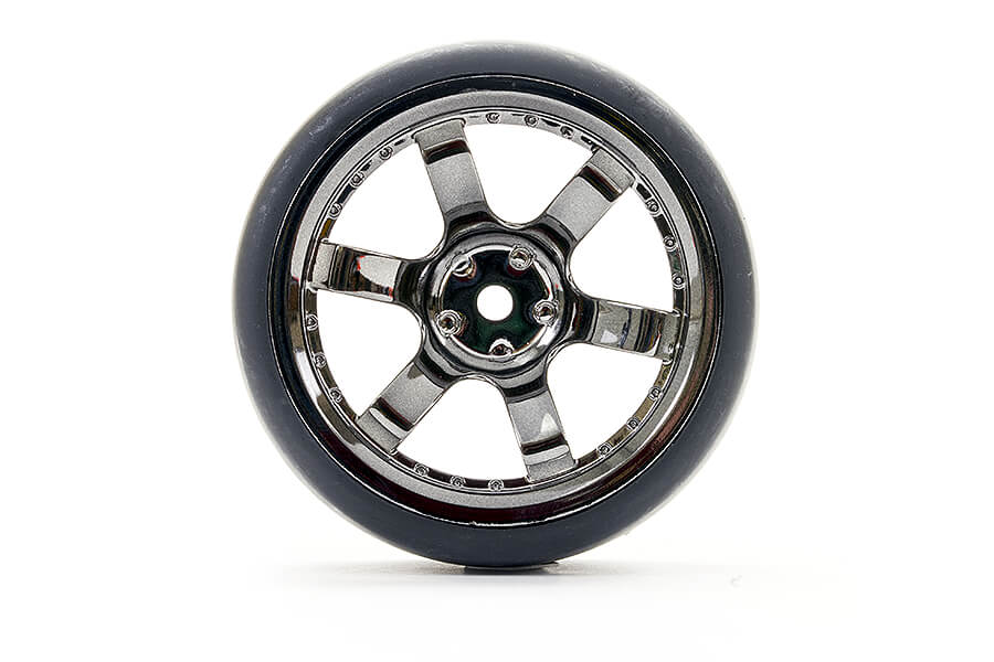 FASTRAX 1/10 (4) DRIFT D1 TYREw/3MM 6-SPOKE WHEEL- BK CHROME