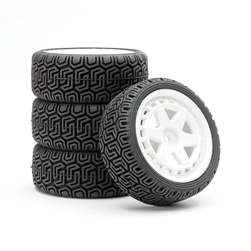 FASTRAX 1/10 GEOMETRIC RALLY TYRES/6-SPOKE WHITE WHEELS (4)