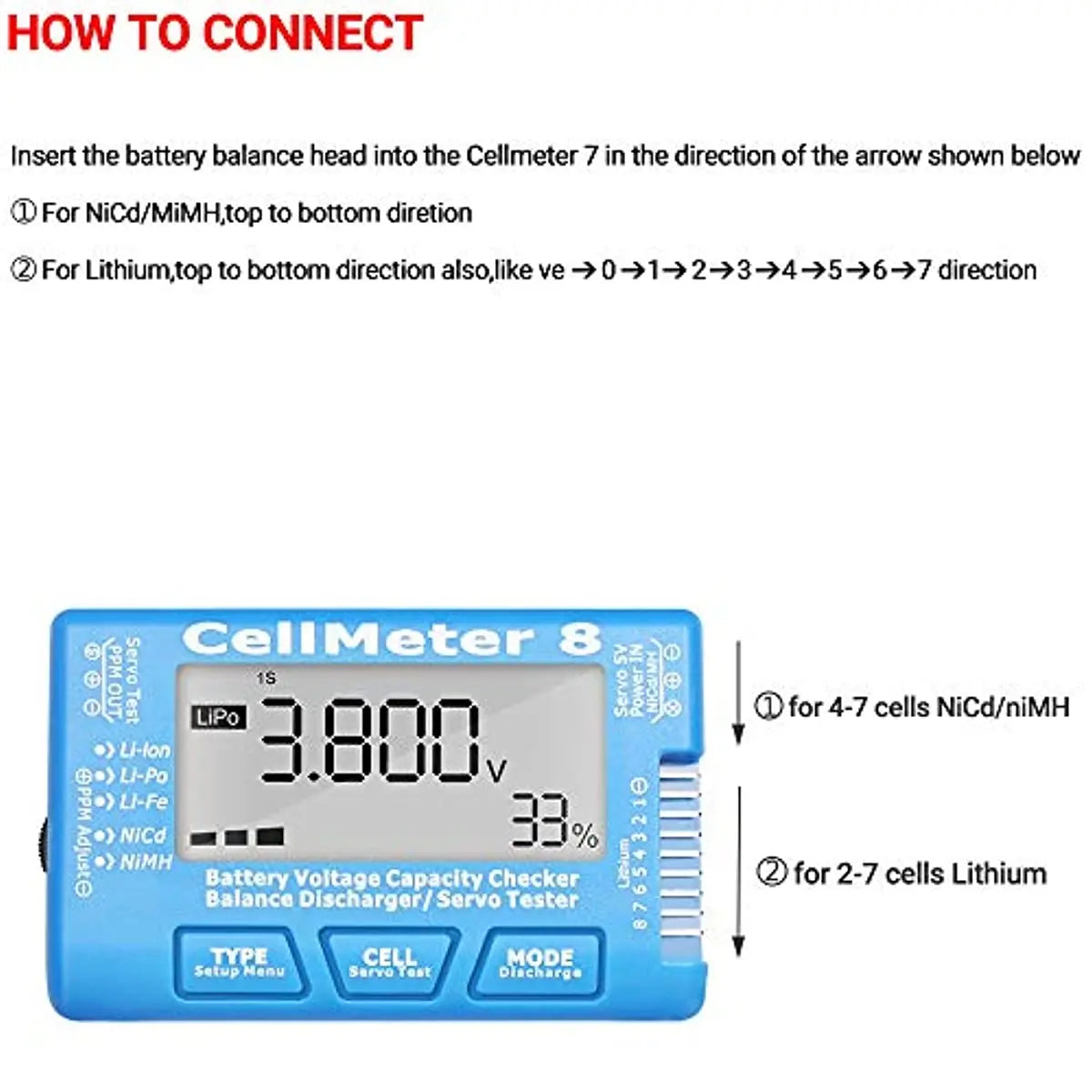 CellMeter-8 Digital Capacity Checker 2-8S LiPo Li-lon NiMH Battery Discharge & Servo Tester LCD Display