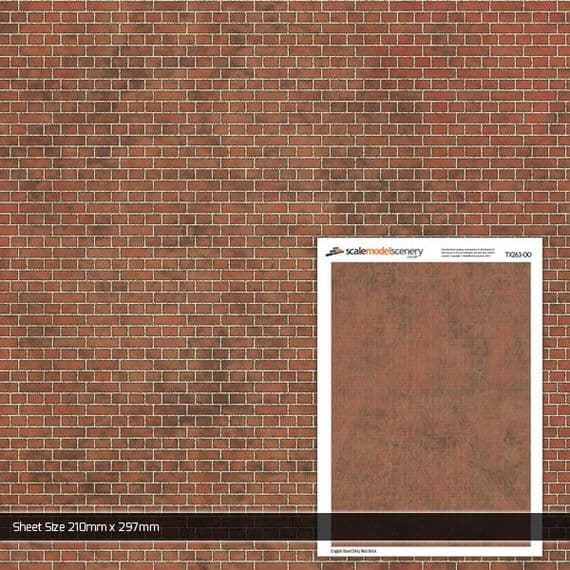 Scale Model Scenery English Bond Dirty Red Brick Texture Paper Pk5 OO/HO TX263