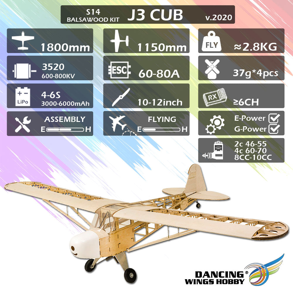 DW Models J3 Cub Balsa Kit 1.8M (inc Motor- ESC- PROP)