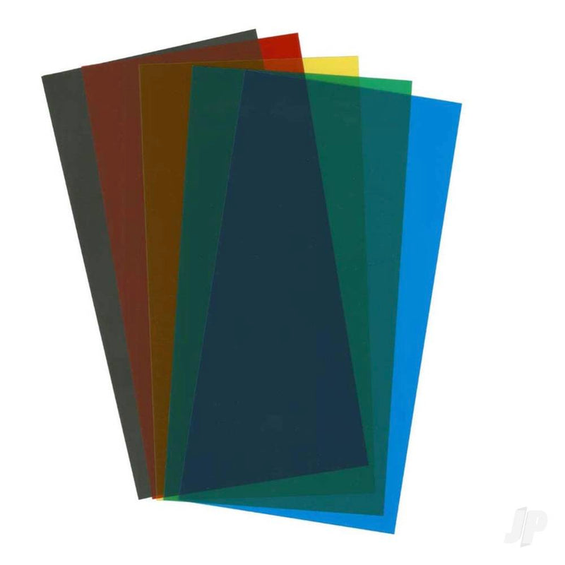 6x12in (15x30cm) Transparent Coloured Sheet .010in Thick (1 each: Red. Blue. Green. Yellow & Black)